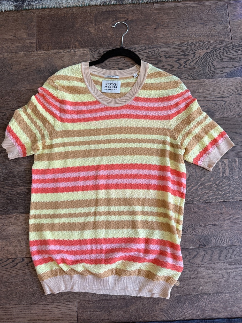 Scotch & Soda Short-Sleeve Crewneck Sweater in Yellow, Coral & Beige